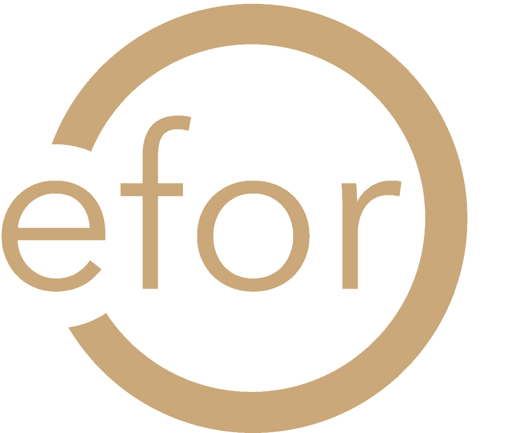 A stylized logo featuring the word "efor" in lowercase letters. The text is encircled by a curved line that starts thick on the left and gradually thins out as it curves to the right, creating a partial ring around the letters. The design is in a muted gold color.