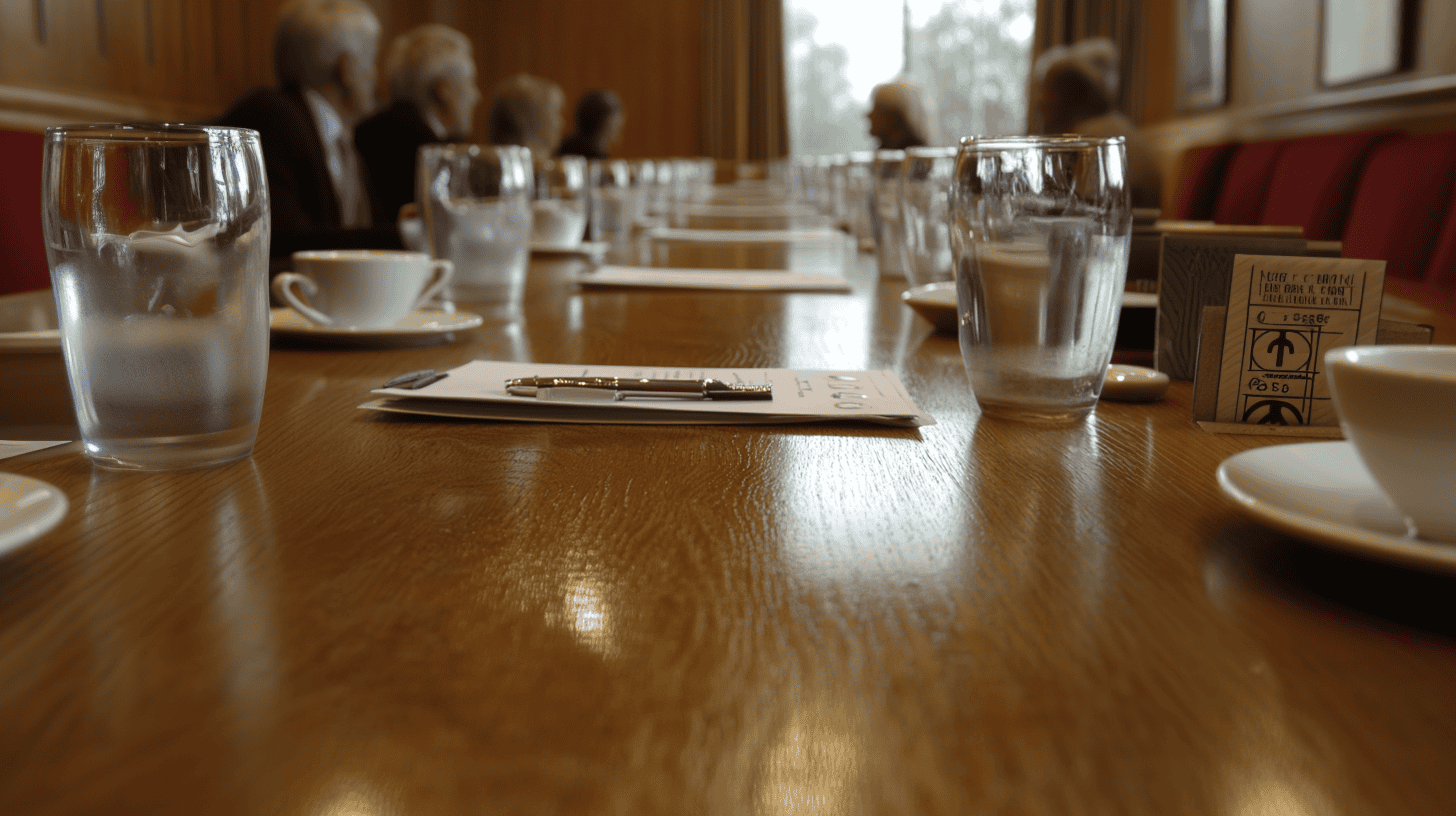 A long wooden conference table set with empty water glasses, paper, and pens. People are seated around the table, with only their blurred outlines visible in the background. Natural light filters in through the window.