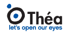 The logo of Théa, featuring a stylized eye design, reflects the brand's ophthalmology focus. Accompanied by "Théa" beneath it and the tagline "let's open our eyes," the design embodies expertise in eye care with its black and blue palette.