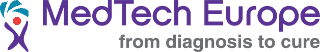 Logo of MedTech Europe featuring a stylized figure holding a red dot with blue arcs, symbolizing innovation. The text reads "MedTech Europe" in purple, accompanied by the tagline "from diagnosis to cure" in black.